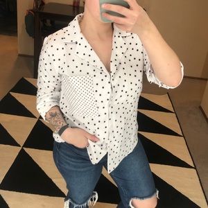 Polka Dot Button down blouse long sleeve contrast pocket neutral minimalist